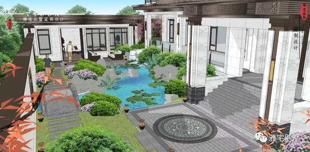 河北兩層新中式合院別墅設(shè)計(jì)圖，24x35米，前庭后院，小橋流水