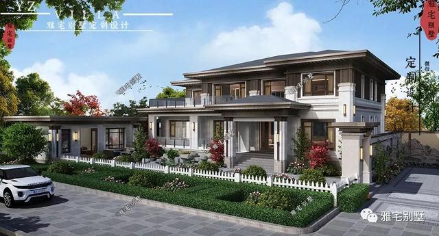 河北兩層新中式合院別墅設(shè)計(jì)圖，24x35米，前庭后院，小橋流水