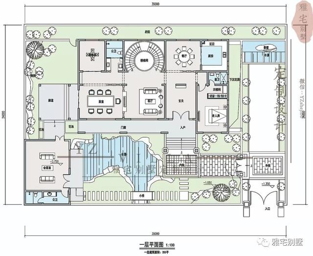 河北兩層新中式合院別墅設(shè)計(jì)圖，24x35米，前庭后院，小橋流水