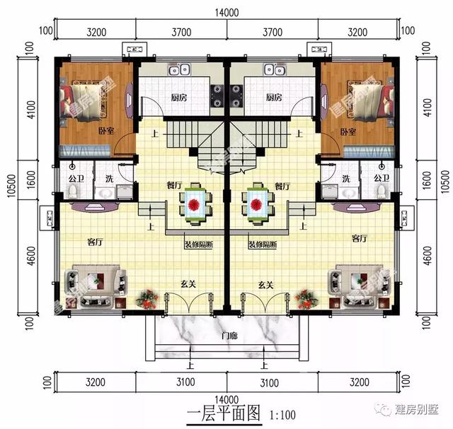 14×10.5米雙拼別墅設(shè)計(jì)圖，平屋頂+飄窗，造價50萬