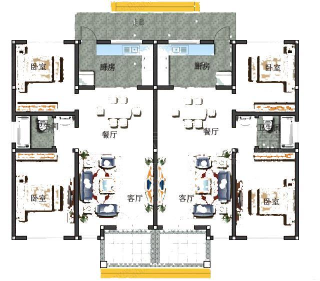 農(nóng)村一層雙拼別墅設(shè)計圖，室內(nèi)設(shè)計都非常合理，符合農(nóng)村的風景布局