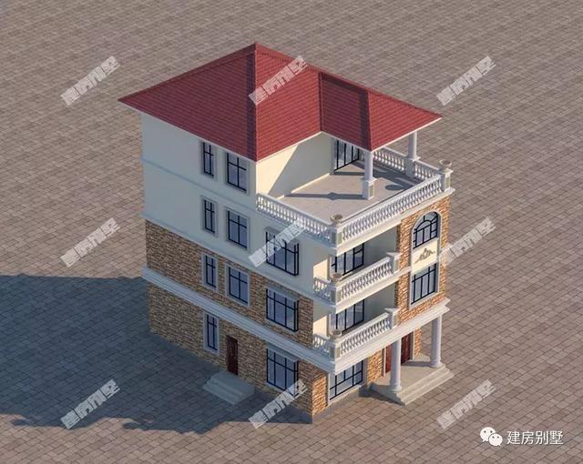 面寬8米多的四層農(nóng)村別墅設(shè)計圖，每層都做成帶廚房的套房設(shè)計