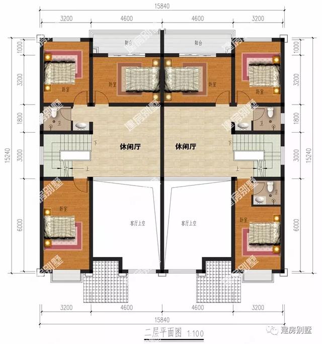 客廳挑空設(shè)計(jì)的農(nóng)村雙拼別墅設(shè)計(jì)圖，看著就非常的氣派。