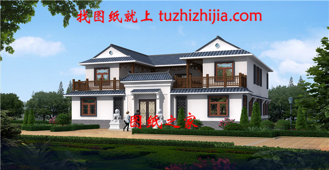 型中式二層四合院別墅設(shè)計圖，左右對稱設(shè)計