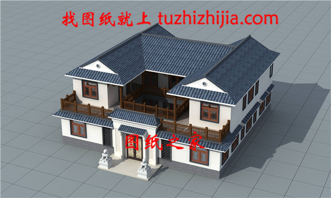 型中式二層四合院別墅設(shè)計圖，左右對稱設(shè)計