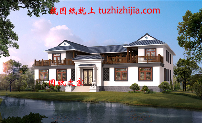 鄉(xiāng)村典型中式二層四合院別墅設(shè)計(jì)圖，左右對(duì)稱設(shè)計(jì)