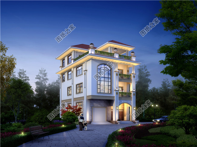 漂亮的四層別墅設計圖紙和效果圖，帶車庫，可臨街商鋪