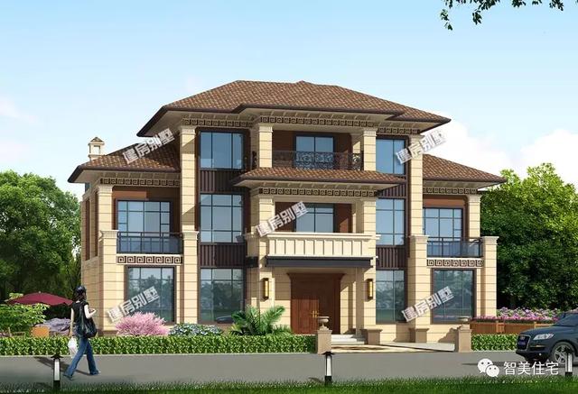 幾棟中式風(fēng)格別墅效果圖片，平頂、帶院子的都有，含方案圖