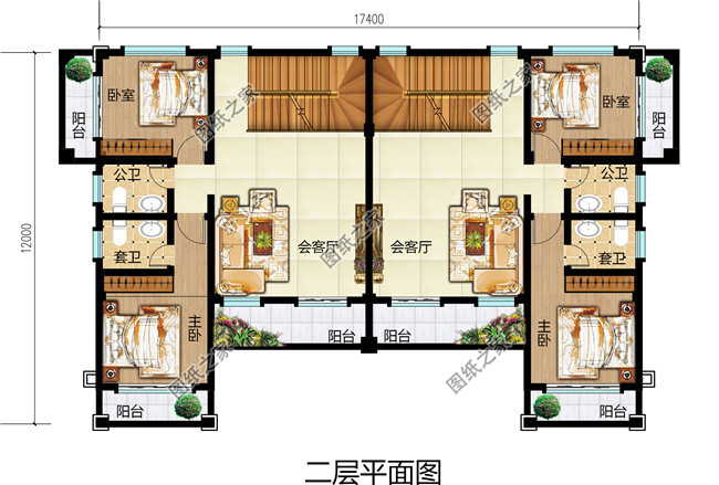 17X12米三層雙拼別墅自建房設(shè)計(jì)圖，歐式風(fēng)格，戶型方正