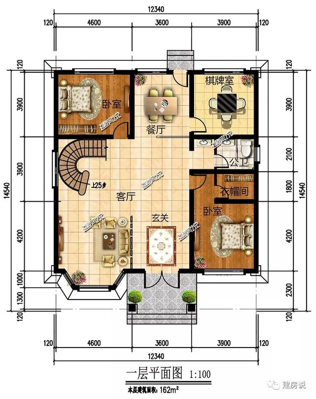 巴洛克風(fēng)別墅戶型設(shè)計圖，復(fù)式樓搭配旋轉(zhuǎn)樓梯