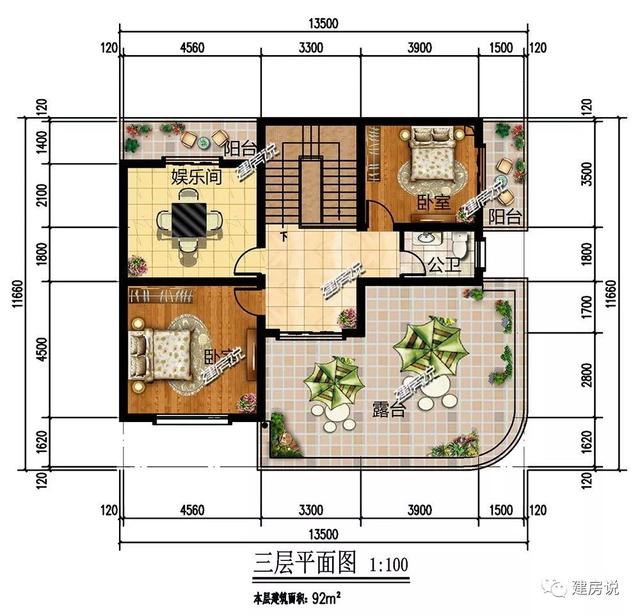 占地120平、32萬就能建好的現(xiàn)代風(fēng)別墅三層戶型圖