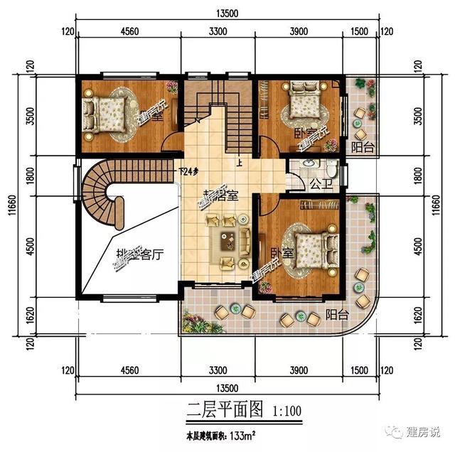 占地120平、32萬就能建好的現(xiàn)代風(fēng)別墅三層戶型圖