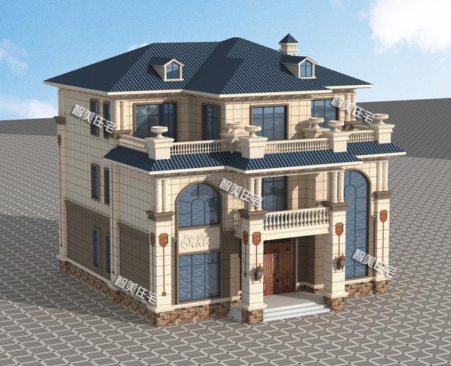 13.8×13.4米氣派高端歐式三層豪宅圖，復式帶堂屋