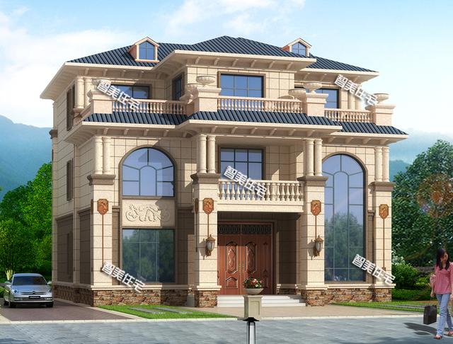 13.8×13.4米氣派高端歐式三層豪宅圖，復式帶堂屋