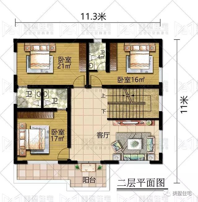 占地125平的七居室3層豪宅設計圖，人多也夠住