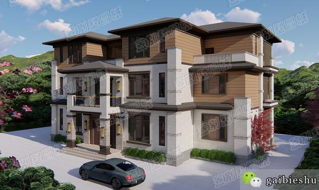 湖南婁底三層雙拼別墅效果圖及平面，外觀大氣