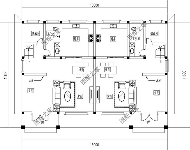 兄弟雙拼三層小別墅設計圖紙，占地160平方米左右