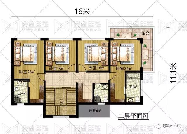 占地147平的簡歐4間二層別墅戶型方案，樓梯有特色