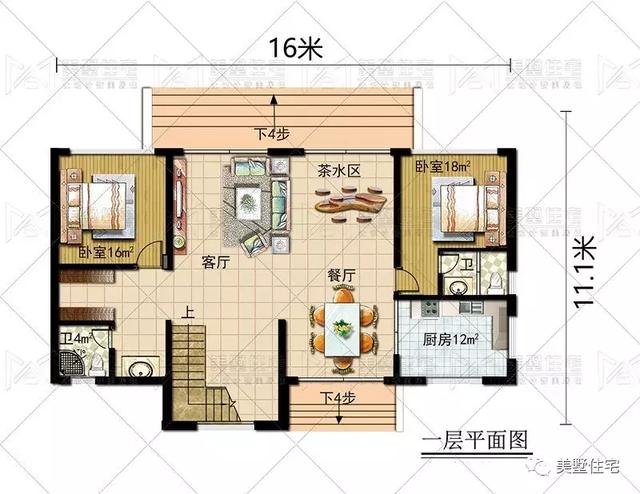 占地147平的簡歐4間二層別墅戶型方案，樓梯有特色