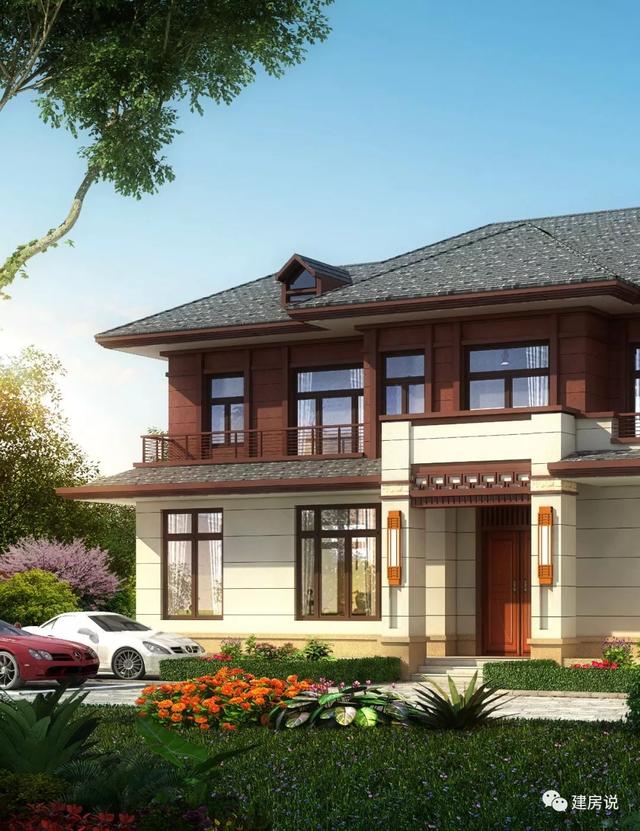 四間兩層新中式農(nóng)村別墅自建房戶型圖，外觀時尚