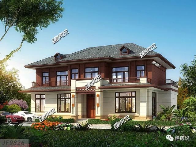 四間兩層新中式農(nóng)村別墅自建房戶型圖，外觀時尚