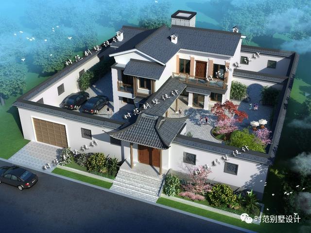 15x13米二層帶庭院中式別墅設(shè)計(jì)，徽派中式典范外觀