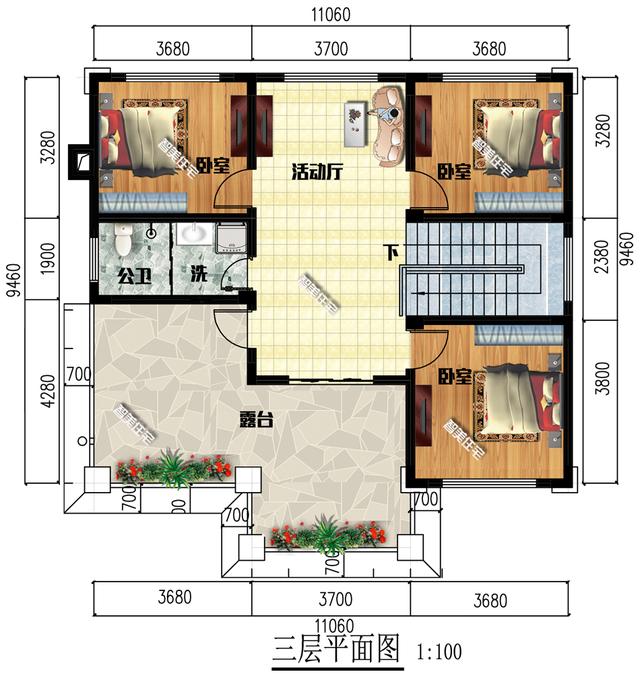 11×9.46米新中式外觀風(fēng)格的三層別墅樓房戶型，大氣