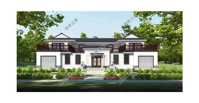 帶雙車庫的新中式二層四合院別墅設(shè)計(jì)圖