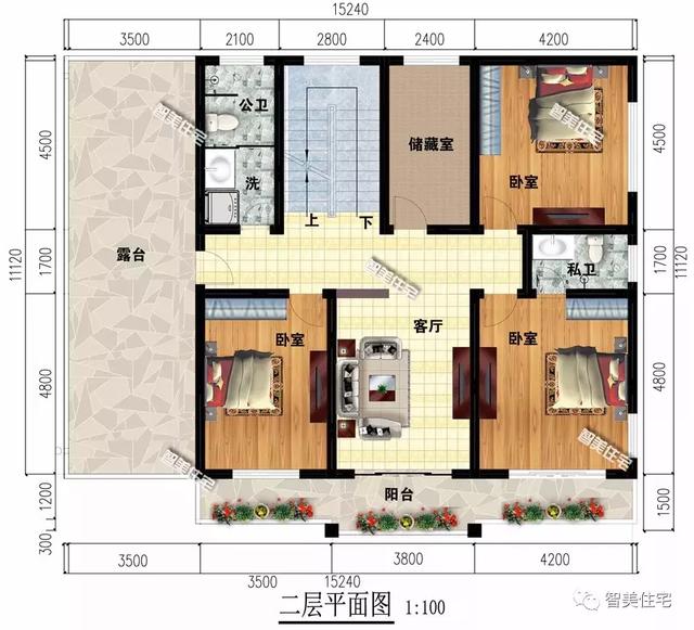 15.2×11.1米三層鄉(xiāng)村小樓房方案圖，簡(jiǎn)單造型