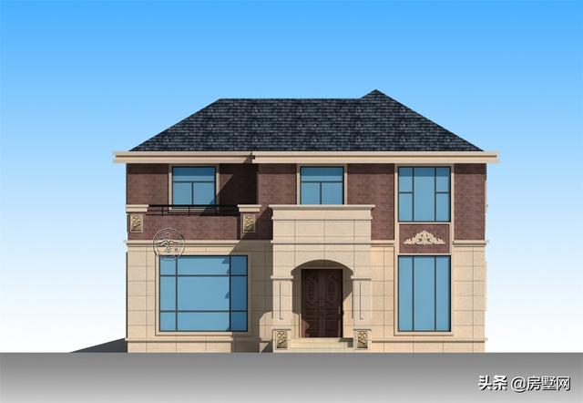 開(kāi)間11.8米面寬14.5米二層鄉(xiāng)村簡(jiǎn)歐別墅圖，外觀配色協(xié)調(diào)