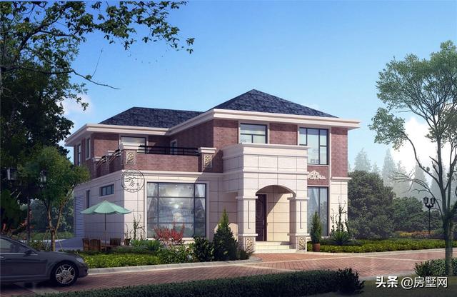 開(kāi)間11.8米面寬14.5米二層鄉(xiāng)村簡(jiǎn)歐別墅圖，外觀配色協(xié)調(diào)