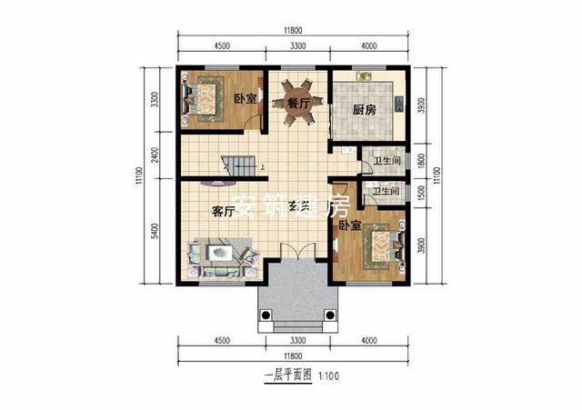 11.8米進深11.1米二層簡歐房子鄉(xiāng)村戶型圖，簡潔、大方
