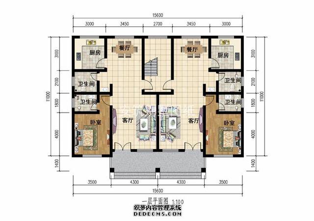 徽派小戶(hù)型二層兄弟雙拼自建房屋戶(hù)型圖，單戶(hù)不到100平