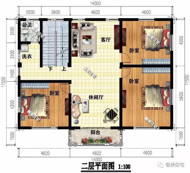 14×11.5米農(nóng)村三層自建房戶型方案設(shè)計，超大堂房