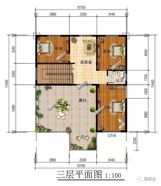 3棟120平的農(nóng)村房子戶型方案設(shè)計(jì)，二層、三層的都有