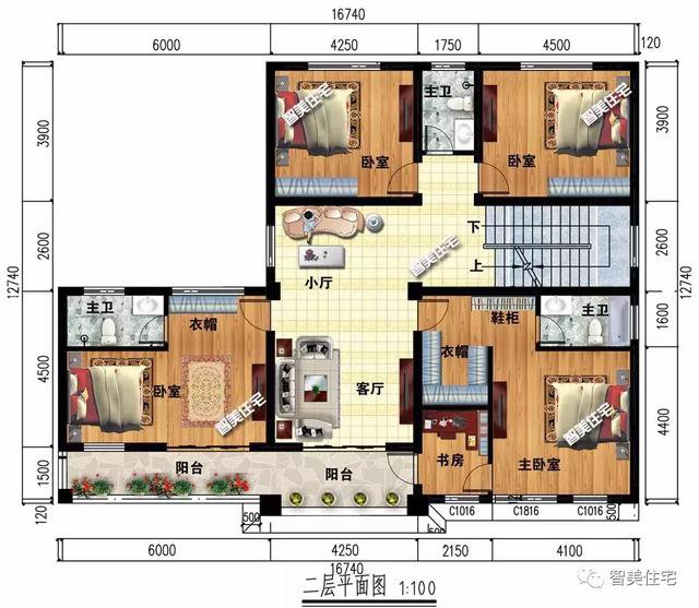 16.7×12.7米新中式四層別墅戶型方案圖，平屋頂設(shè)計(jì)