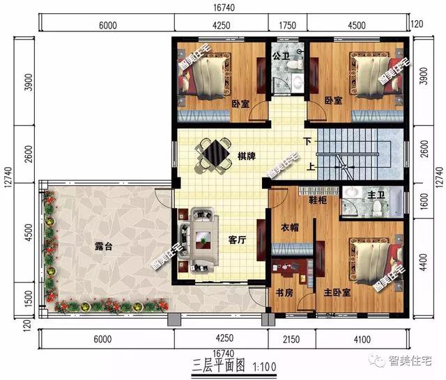 16.7×12.7米新中式四層別墅戶型方案圖，平屋頂設(shè)計(jì)