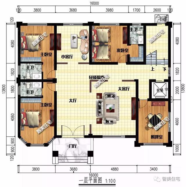 16×13.8米豪華三層半別墅豪宅戶型圖，還帶電梯