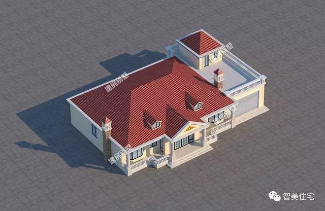 鄉(xiāng)村4間一層住宅設(shè)計戶型圖，帶車庫