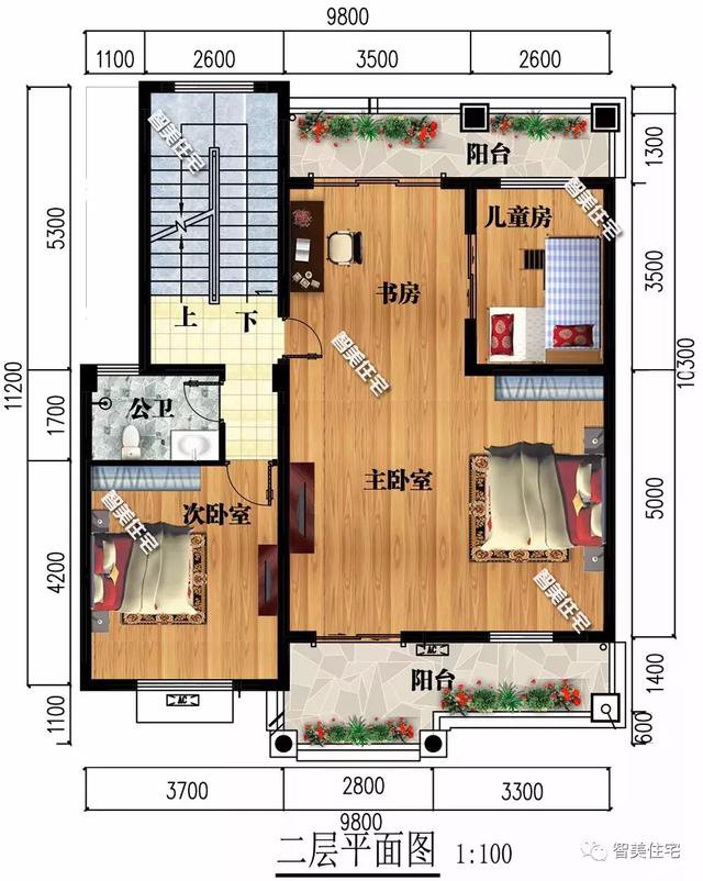 鄉(xiāng)村9.8×11.2米自建住宅方案戶型圖，配色適合農(nóng)村