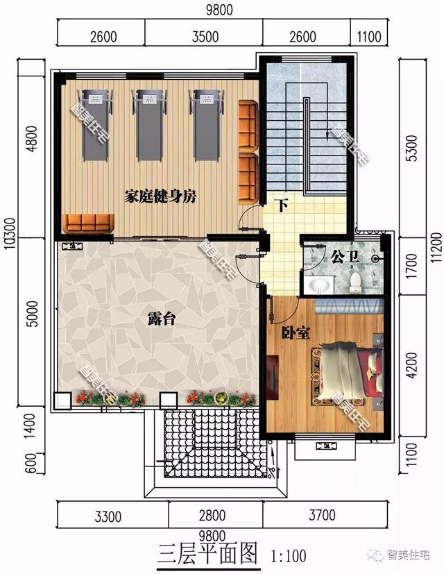 鄉(xiāng)村9.8×11.2米自建住宅方案戶型圖，配色適合農(nóng)村