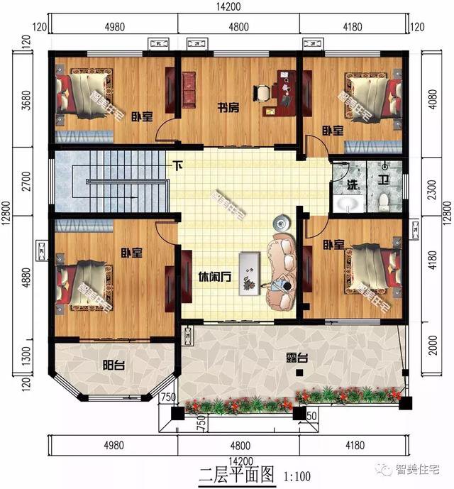 14.2×12.8米二層新民居設計圖，河南客戶私人定制