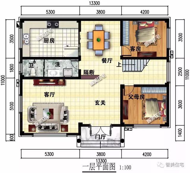 面寬13米的兩層小別墅戶型方案圖，主體20多萬