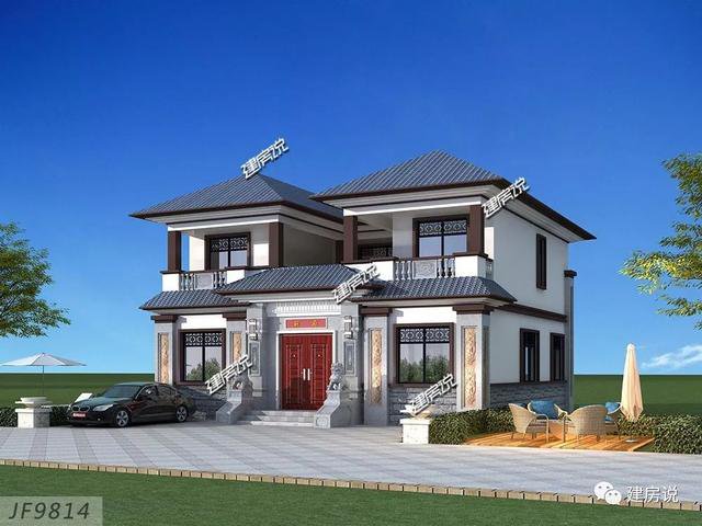 帶天井內(nèi)院的三層新中式別墅設計圖，附彩色戶型圖