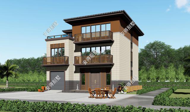 10x12.2m3層中式平屋頂帶車庫(kù)自建房子戶型圖，住著很舒服