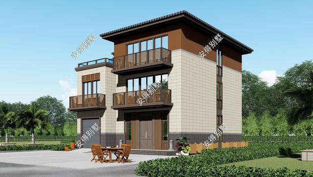 10x12.2m3層中式平屋頂帶車庫(kù)自建房子戶型圖，住著很舒服