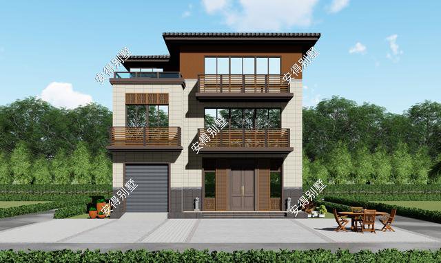 10x12.2m3層中式平屋頂帶車庫(kù)自建房子戶型圖，住著很舒服