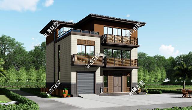 10x12.2m3層中式平屋頂帶車庫(kù)自建房子戶型圖，住著很舒服