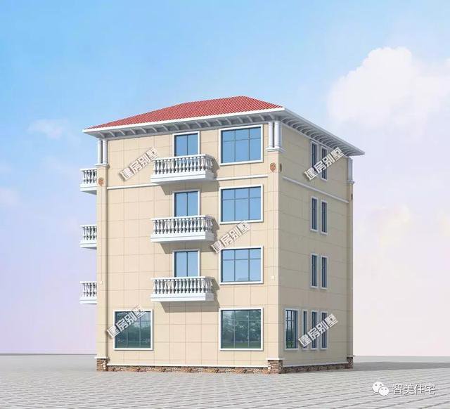 多陽臺(tái)設(shè)計(jì)的四層樓房住宅戶型圖，外觀用真石漆裝飾