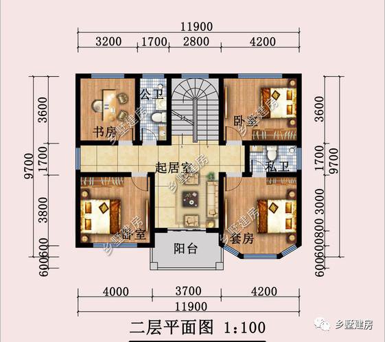 開(kāi)間11.9米，進(jìn)深9.7米的三層歐式住房戶(hù)型圖
